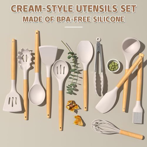 Umite Chef Kitchen Cooking Utensils Set, 33 pcs Non-Stick Silicone Cooking Kitchen Utensils Spatula Set with Holder, Wooden Handle Silicone Kitchen Gadgets Utensil Set (Khaki) - Image 4