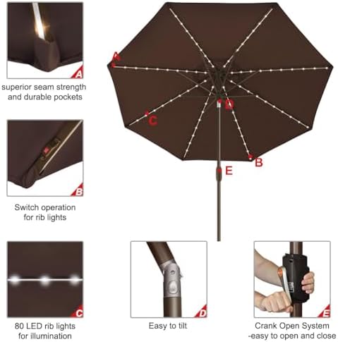 EliteShade USA 10-Year-Non-Fading 9ft Market Patio Umbrella, Commercial Grade Table Sun Umbrella with 80 Solar LED Lights, Crank Open, Windproof & UPF 50+ UV Protection for Garden, Deck, Pool, Backyard, Chestnut - Image 5