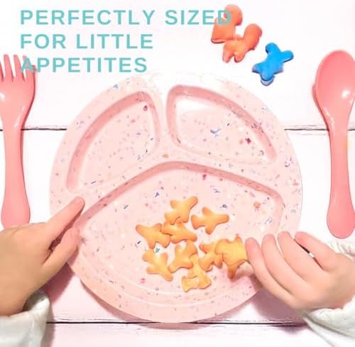 Bzyoo 9-Inch Melamine Divided Plates – 3-Section Portion Control Plates, Food Safe & Durable, Lightweight & Unbreakable, Reusable Tableware for Kids, Big Kids & Everyday Meals, Confetti Pink - Image 3