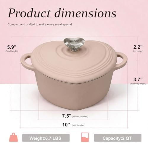 Overmont Enameled Cast Iron Dutch Oven - 2QT Pink Heart-Shaped Mini Pot - Image 2