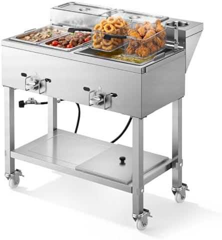 VEVOR Outdoor Propane Deep Fryer, 2 Burners (11,600 BTU Each), Commercial Fryer with Two 1/3 Size Food Warming Pans, Multi-Purpose Frying Cart with 4 Lockable Wheels, for Fried Chicken & Fries by VEVOR