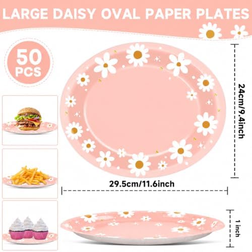 Qyeahkj 50 PCS Pink Daisy Oval Paper Plates Spring Large 11” One Two Groovy Party Decorations Floral Supplies Favor for Summer Flower Wedding Birthday Party Disposable Tableware Set - Image 2
