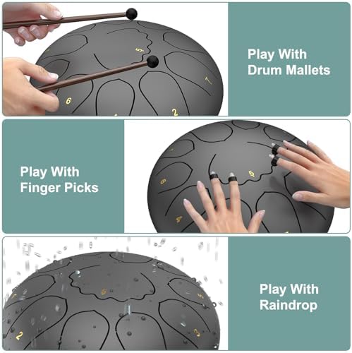 Rain Drum for Outside Garden, 8 Inches 11 Notes Steel Tongue Chakra Drum, Waterproof Meditation Rain Chime, Musical Instruments for Adult Gift with Bag, Music Book, Mallets (Black) - Image 4
