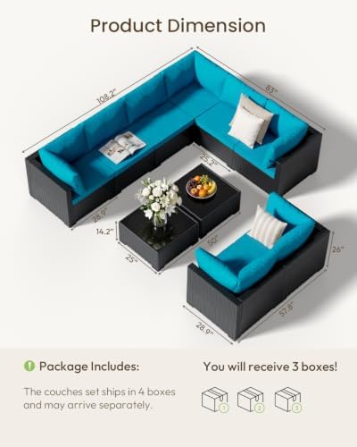 Patio Furniture Set - All-Weather - 10 Piece Patio Outdoor Conversation Set, Modular Wicker Rattan Sectional Sofa for Backyard, Garden, Poolside, Balcony, Porch, Patio, Black/Peacock Blue - Image 6