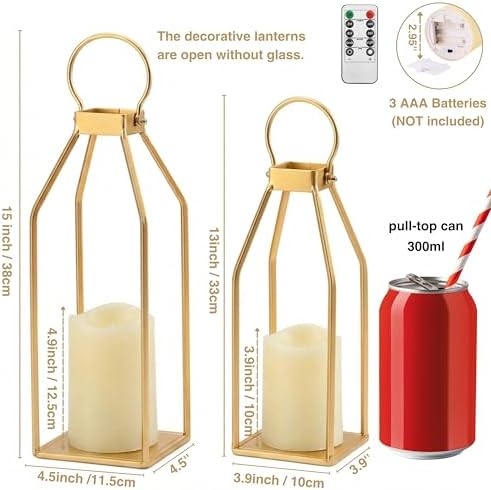 Perfnique Modern Farmhouse Lantern Decor, 15'' 12.6'' Set of 2 Gold Metal Lanterns, 2 LED 6hr Timer Flameless Candles ＆ Remote Timer, Lanterns Decorative for Outdoor, Porch, Fireplace, Patio - Image 3