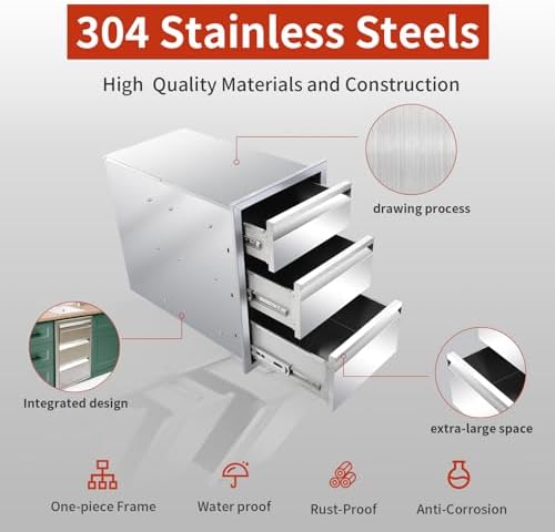 Outdoor Kitchen Drawers 14" W x 21" H x 23" D Triple BBQ Drawers Stainless Steel Built-in Drawer for Outdoor Kitchen Island, Patio Grill Station - Image 4