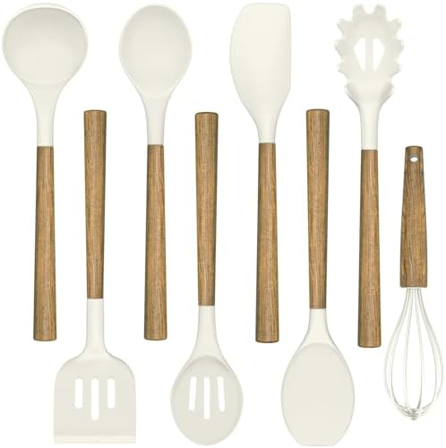 Non-Stick Silicone Kitchen Utensils Set with Natural Acacia Hard Wood Handle, Umite Chef 8 Pieces Kitchen Spatulas set, White, BPA Free, Baking, Serving and Cooking Utensils by UmiteChef
