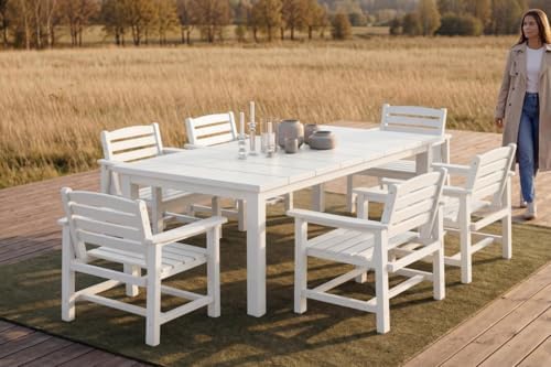 Perli™ 7-Piece Outdoor Dining Set, All-Weather HDPE Patio Furniture with 6 Ergonomic Chairs & Large Table, Built-in Umbrella Hole, UV-Resistant Set for Backyard, Deck, Poolside, White - Image 2