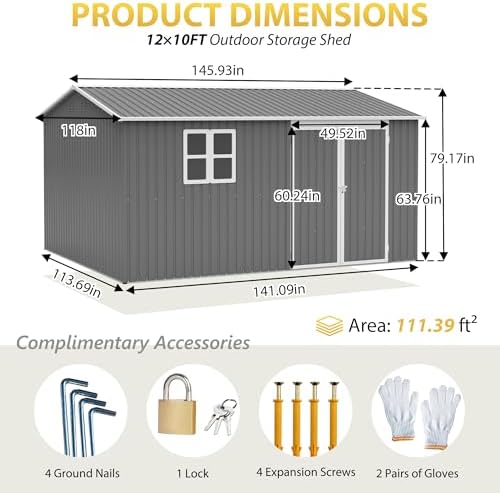 YOPTO 12x10 FT Outdoor Storage Shed,Metal Shed W/Window & Floor Frame,Garden Tool House W/Sloped Roof,Lockable Doors & Air Vents,for Backyard Patio Lawn,Gray - Image 4