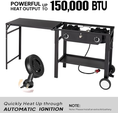 Bonnlo 2 Burner Propane Gas Stove with Work Station & Auto Ignition, 150,000 BTU Portable Camping Stove with Wheels & Regulator, Outdoor Propane Stove for Backyard Patio Cooking BBQ - Image 2