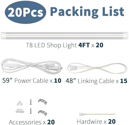 20-Pack 4FT T8 LED Shop Light, 42W 6300 Lumen 5000K Daylight, Linkable with Plug Shop Lights for Garage Ceiling Workshop Commercial Lighting, 4 Years Warranty - Image 5