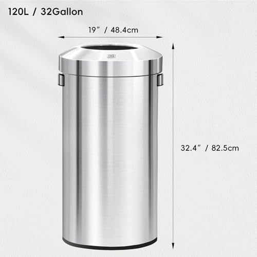EKO 32-Gallon Round Stainless Steel Open Top Trash Can, Large Commercial Waste Bin with Detachable Lid and Carrying Handle, Brushed Metal Garbage Bin for Home, Office, Restaurant, Restroom - Image 2