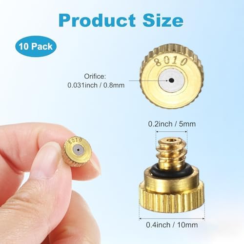 M METERXITY 10-Pack Brass Misting Nozzles, 0.031inch/0.8mm Orifice Heavy Duty 10/24 UNC Screw Thread Misting Nozzle Plug for Outdoor Spray Cooling System/Patio Mist System/Dust Control - Image 3