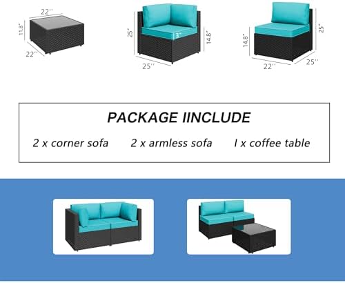 Shintenchi 5 Piece Outdoor Patio Furniture Set with Black PE Rattan, Blue - Image 6