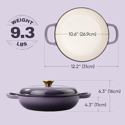 3 Quart Enameled Cast Iron Braiser, Non Stick Enameled Cast Iron Skillet with Lid, Dutch Oven Skillet with lid up to 500°F for Oven, Stove, Grill, Shallow Dutch Oven for Cook, Bake (Purple) - Image 4