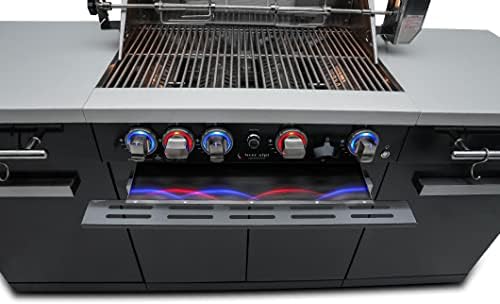Mont Alpi Premium 70"W x 24"D Black Stainless Steel Compact Outdoor Kitchen Island with Access Doors + 32"W 4-Burner BBQ Grill with Infrared Rear Burner + Storage Cabinets + White Granite Countertops - Image 3