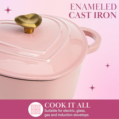 Paris Hilton Enameled Cast Iron Dutch Oven Pot with Lid, Heart-Shaped Dutch Oven, Durable Cast Iron Pot with Dual Handles, Oven Safe to 500°F, Works on All Stovetops, 4-Quart, Pink - Image 3