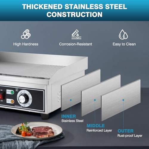 IRONWALLS Electric Griddle Nonstick 22 Inch, Stainless Steel Commercial Griddle for Indoor & Outdoor, 2-IN-1 Half Flat Top Griddle Grill for Restaurant & Home, 122℉-572℉ Adjustable Temperature - Image 5