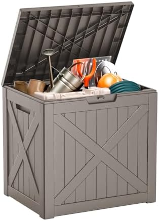 ROJIK 32 Gallon Outdoor Storage Housing Deck Box,Waterproof Patio Furniture, Garden Tools, Cushions, Pool Accessories Storage Bench with Lockable Lid and Side Handles(Grey) by ROJIK