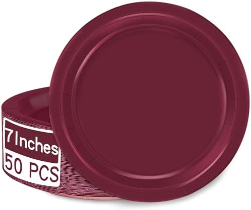 50 Pack Burgundy Plates 7 Inches Round Heavy-duty Maroon Dessert Plates by QZYL