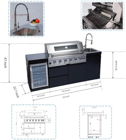 82-Inch 6-Burner Natural Gas Outdoor Kitchen Grill Island - 85000 BTU Stainless Steel BBQ, Refrigerator, Rotisserie, Stainless Countertops, Storage Cabinets/Drawers, For Patio, Lawn, Backyard, Black - Image 2
