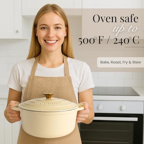Cast Iron Pot with Lid-Non-Stick Ovenproof Enamelled Casserole Pot, Oven Safe up to 500° F-Sturdy Dutch Oven Cookware - Cream, 5-Quart, 24cm-by Nuovva - Image 5