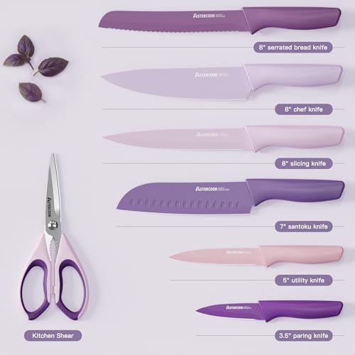 Astercook Knife Set, 13 Pieces Kitchen Knives Set with Healthy Anti-Rust Coating, Dishwasher Safe, Stainless Steel Chef Knife Sets with 6 Blade Guards, Perfect Holiday Gifts for Kitchen Purple - Image 6