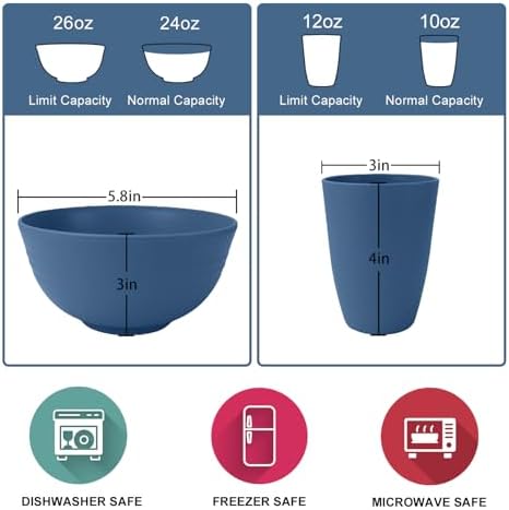 Wrova 40Pack plates and bowls sets for kids - Unbreakable wheat straw dinnerware sets service for 8 - Alternative plastic 40pcs dishes for kitchen, camping and indoors dinning - (Blue) - Image 3