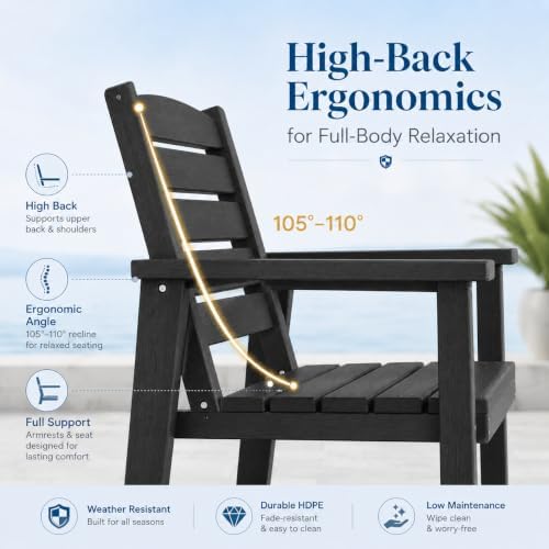 Patio Dining Chairs Set of 2, All-Weather HDPE Outdoor Dining Chair with High Back, Stackable Heavy Duty 400 lbs Lawn Armchair for Backyard Deck Porch Table, Black - Image 5
