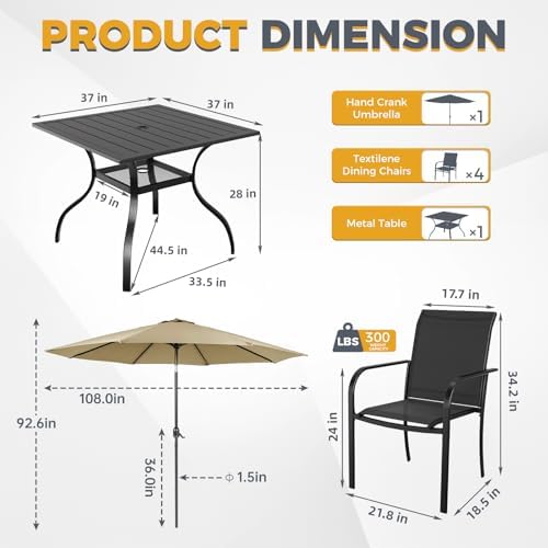 Incbruce 6 Pcs Patio Dining Set, Textilene Chairs and Square Table with Brown Umbrella (Black) - Image 6