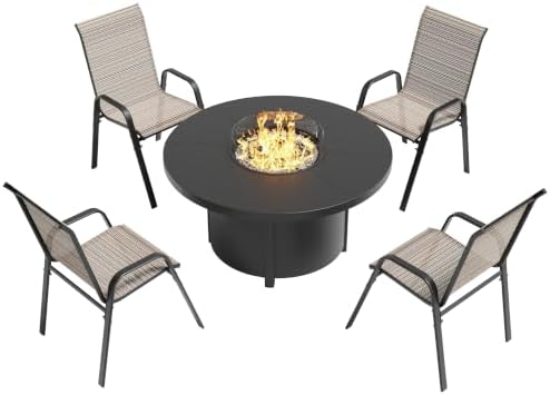 5 Pieces Outdoor Patio Furniture Set with 48" 55000 BTU Round Propane Fire Pit Table,Patio Dining Set Outdoor Conversation Sets 4 Teslin Chairs for Deck,Backyard and Garden by RTDTD