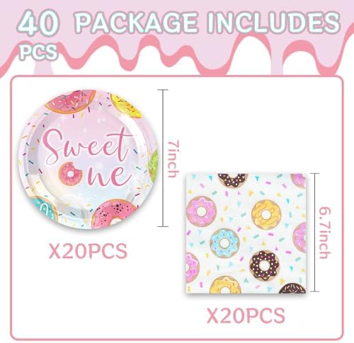 40pcs Donut Party Supplies,include 20 Dessert plate and 20 Napkin,Sweet one Party Plate Napkin Set,Used for Candyland Party Decoration - Image 2