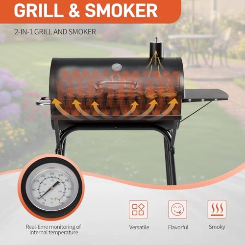 Outvita Barrel Charcoal Grill with Warming Rack, Side Front Table, Black - Image 6
