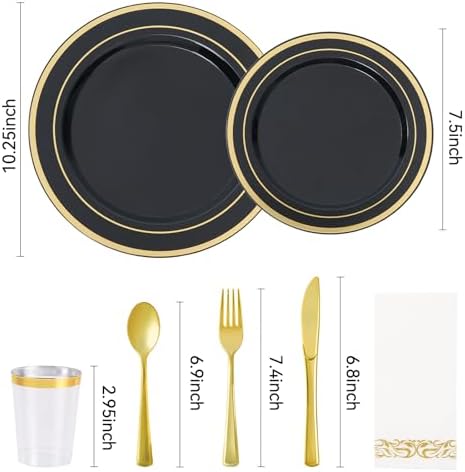 Fijinhom 175Pcs Black Gold Disposable Plates, Plastic Plates for 25 Guests - Image 2