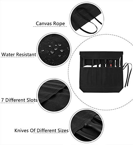 Knife Roll, Chef's Knife Roll Bag, Heavy Duty Waxed Canvas Knife Bag With 7 Slots (Black) - Image 3