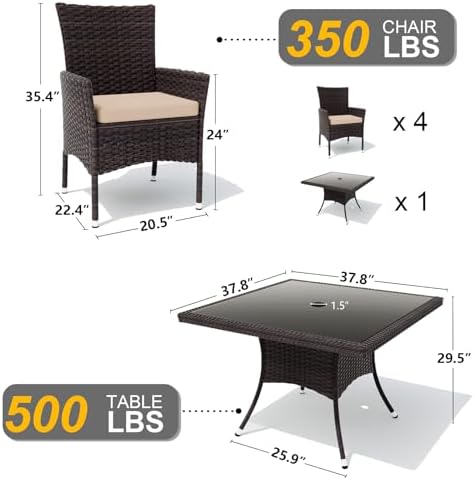 Gotland 5 Piece Outdoor Dining Set, All-Weather Rattan Patio Furniture Set with Umbrella Hole Tempered Glass Square Table, Outdoor Table and Chairs with Removable Cushions for Backyard, Deck, Sand - Image 2