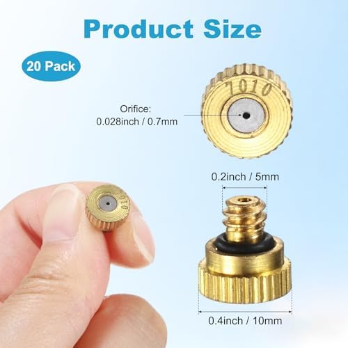 M METERXITY 20-Pack Brass Misting Nozzles, 0.028inch/0.7mm Orifice Heavy Duty 10/24 UNC Screw Thread Misting Nozzle Plug for Outdoor Spray Cooling System/Patio Mist System/Dust Control - Image 3