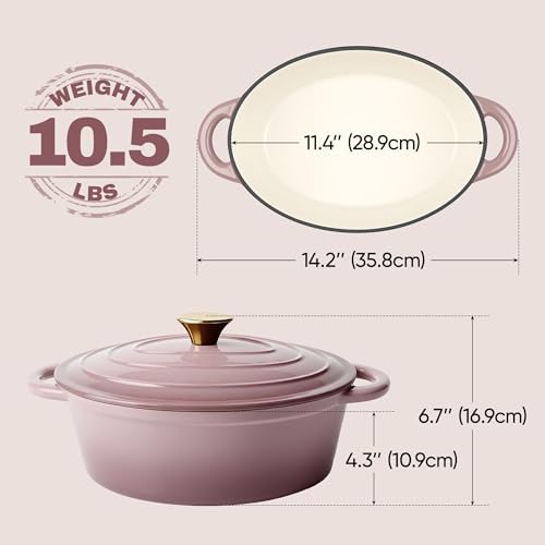 Vintage Style Oval Dutch Oven for Bread Baking, 4.5 Quart Non Stick Enameled Cast Iron Dutch Oven Pot with Lid, Oven Safe Oval Casserole with Lid up to 500°F for Baking, Braising, Stews, Roasting, Pink - Image 5