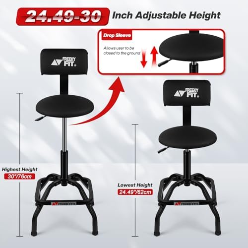 Shop Stool with Backrest, Mechanic Garage Stool for Workshop, Adjustable Shop Stools Chair, Padded Workbench Stools for Men Women, 300 LBS Capacity, 360° Swivel PVC Seat, Heavy Duty, Black - Image 2