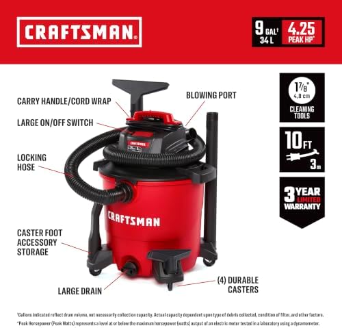 CRAFTSMAN CMXEVBE18690 9 Gallon 4.25 Peak HP Wet Dry Shop Vacuum - Image 2