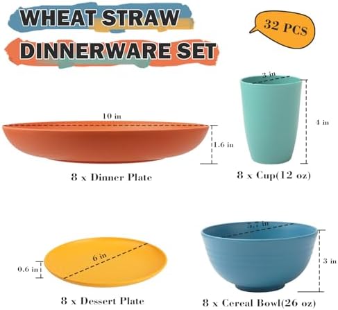 Wheat Straw Dinnerware Sets, Plates and Bowls Sets Unbreakable & Microwave Safe - 32 Piece Service for 8 Dinner Plate Dessert Plate Cereal Bowl Cup for Kitchen & Outdoor - Multi - Image 2