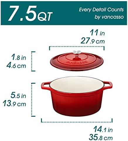 vancasso 7.5 Qt Round Enameled Cast Iron Dutch Oven with Lid, Red - Image 2