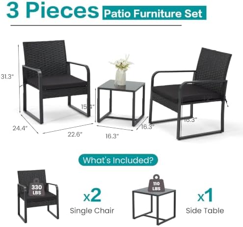 Bezseller 3-Piece Patio Furniture Set, Wicker Bistro Set, Black - Image 3