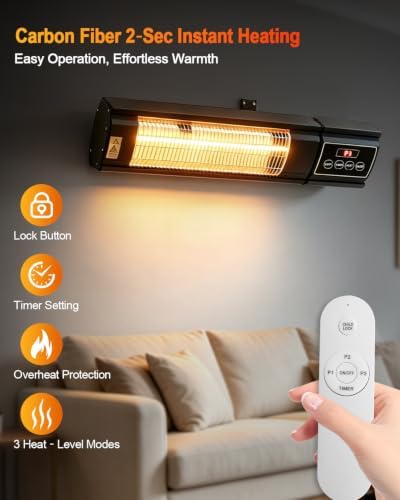 KBZZ Carbon Ffiber Patio Heater, 1500W, IP65 Approved, Odorless, Wall-Mounted Heater with Remote, 15 Second Fast Heater Indoor/Outdoor for Patio, Restaurant, Backyard, Garage, Decks - Image 2