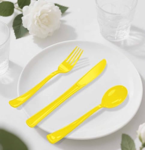 HEIPINIUYE 75 Pack Yellow Plastic Cutlery Heavy Duty Yellow Plastic Knives Forks and Spoons Disposable Silverware Set for 25 Guest Camping Birthday Baby Shower Party Cutlery Set - Image 7