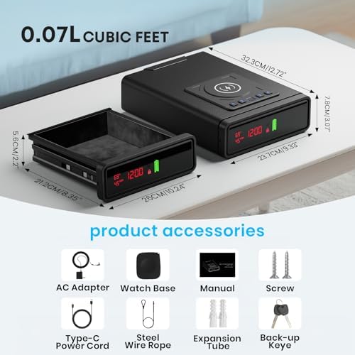Biometric Gun Safe for Handgun with Wireless Phone & Watch Charging, Clock Pistol Safe with Fingerprint, Keypad and Key Access, Adjustable Brightness, Backlit Keypad for Home Office - Image 6
