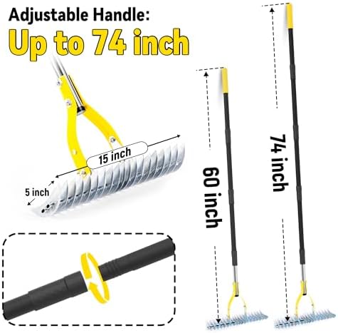 Thatch Rake for Lawn with 74inch Handle, 15 inch Dethatcher Rake for Grass to Cleaning Dead Grass, Efficient Steel Metal Rake for Dethatching, Heavy Duty Thatching Rakes for Garden, Yard - Image 2
