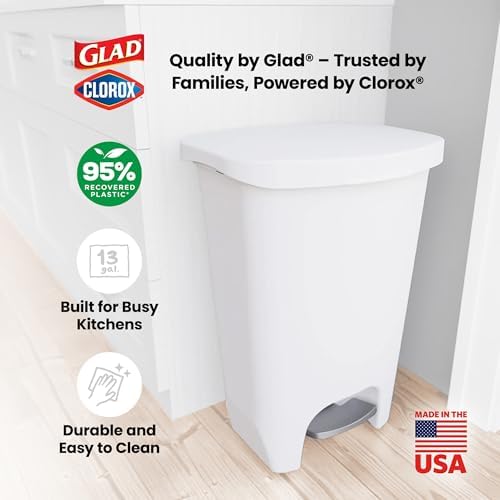 Glad 13 Gallon Trash Can with Clorox Odor Protection | Plastic Kitchen Waste Bin | Hands Free with Step On Foot Pedal and Garbage Bag Rings, White - Image 6