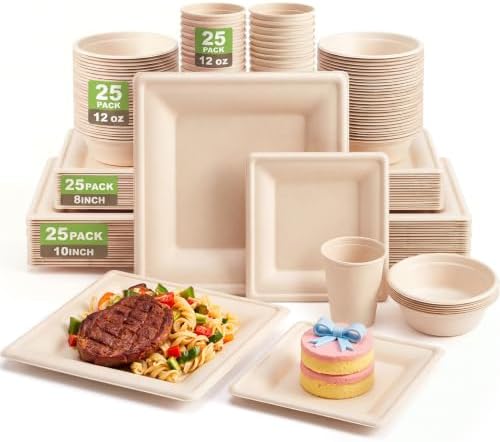 Havawish 100 Pcs Compostable Paper Plates and Bowls Set for 25 Guests, 10in & 8in Heavy Duty Sugarcane Disposable Plates 12 oz Biodegradable Cups and Paper Bowls, Party Camping Picnic(Beige) by Havawish