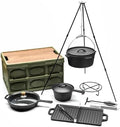 8 Piece cast iron dutch oven camping set. 4.5 Qt cast iron pot with lid and Lifter Handle；2.1qt pot handle with lid；10In Pans ；Camping Tripod with；Grill Cookware Skillet Sets，Car carry-on storage box by Unknown